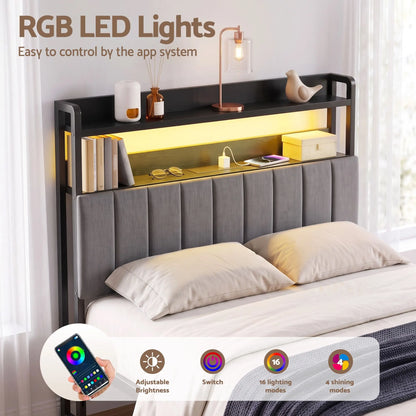 Artiss Double Headboard Charging Station Storage LED Light Grey Upholstered - Image 5