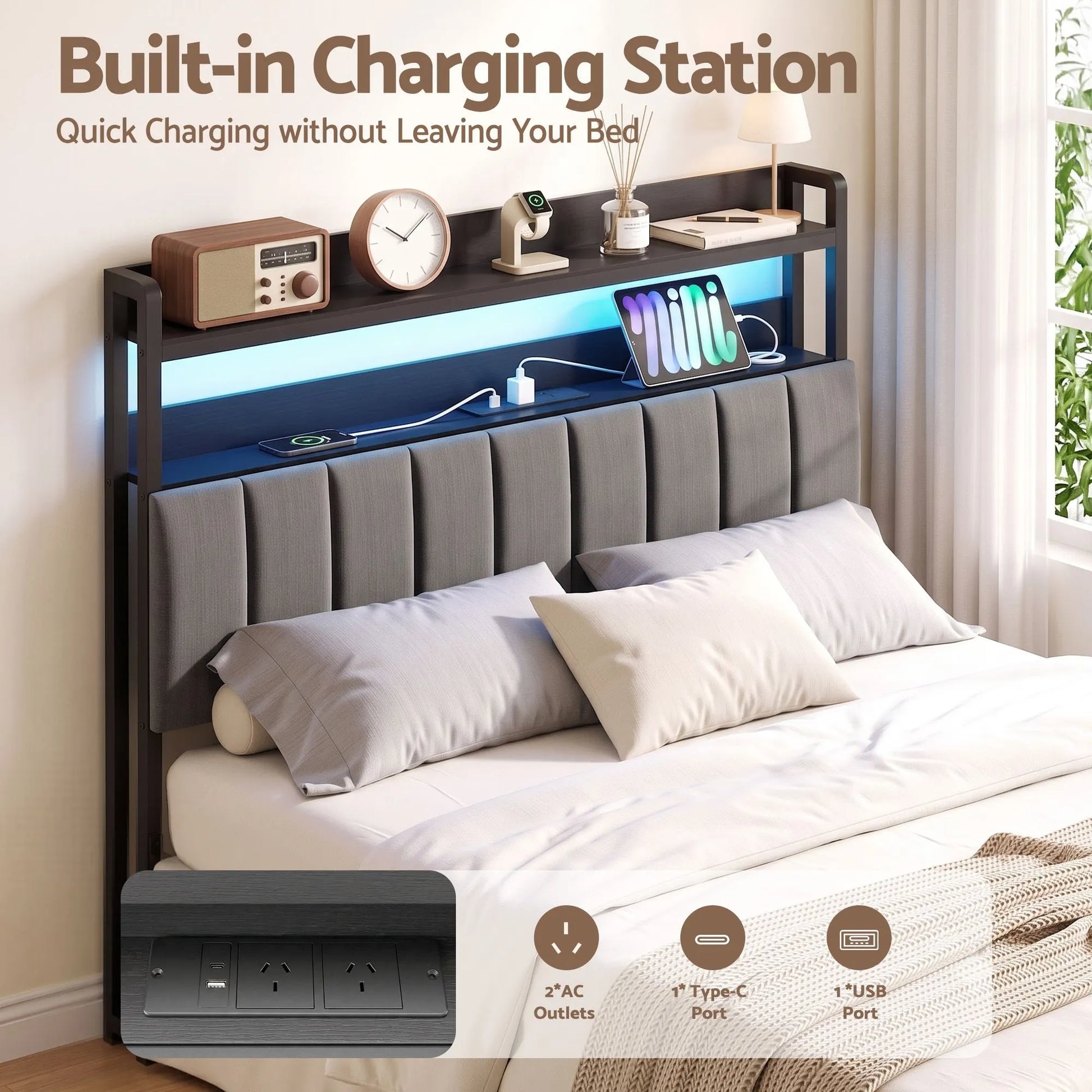 Artiss Double Headboard Charging Station Storage LED Light Grey Upholstered - Image 6