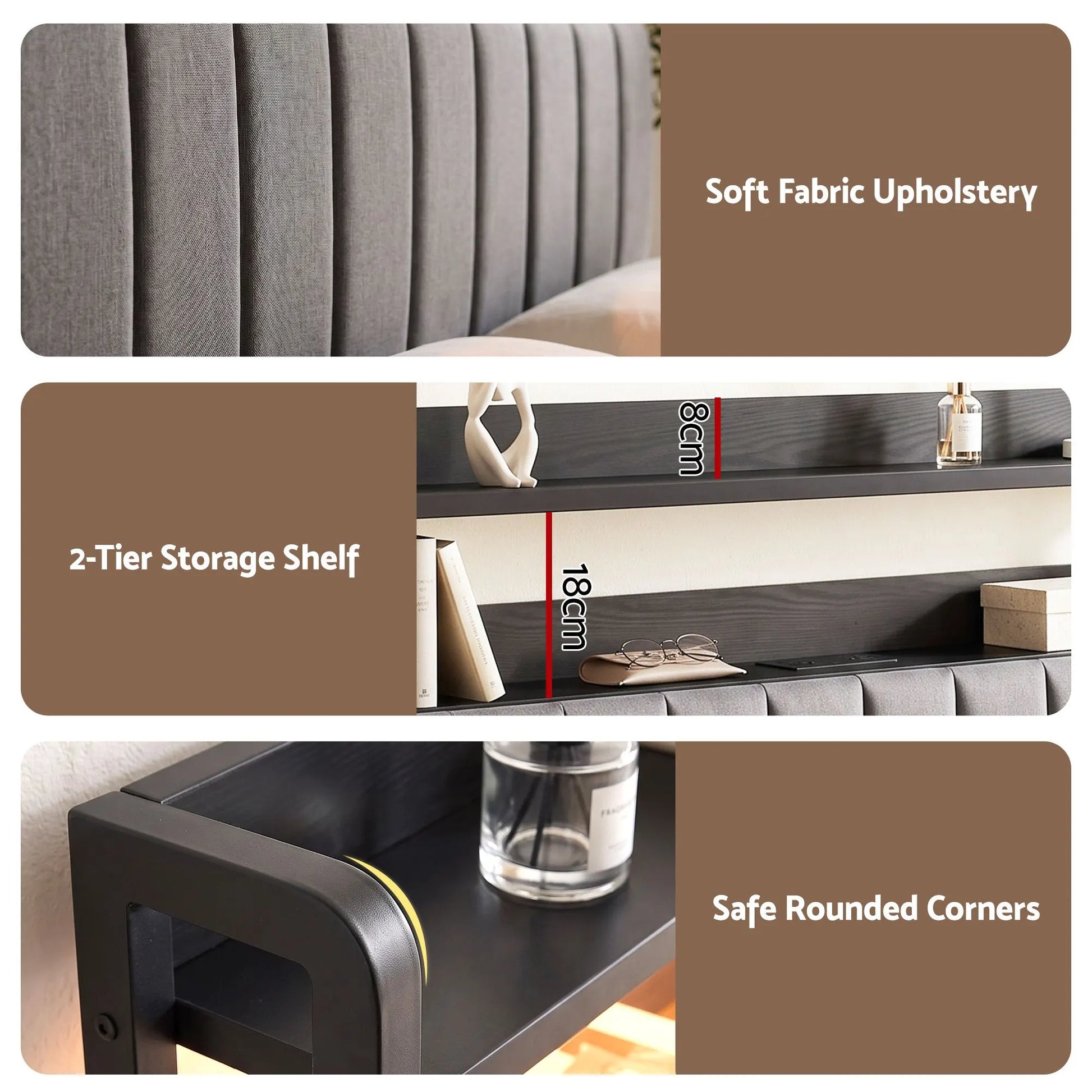 Artiss Double Headboard Charging Station Storage LED Light Grey Upholstered - Image 8