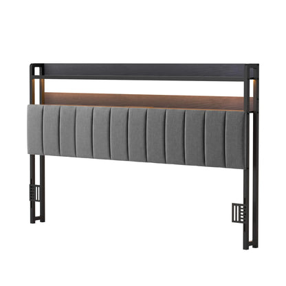 Artiss King Headboard Charging Station Storage LED Light Grey Upholstered - Image 2