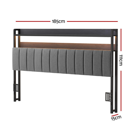 Artiss King Headboard Charging Station Storage LED Light Grey Upholstered - Image 3