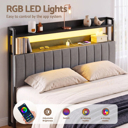 Artiss King Headboard Charging Station Storage LED Light Grey Upholstered - Image 5