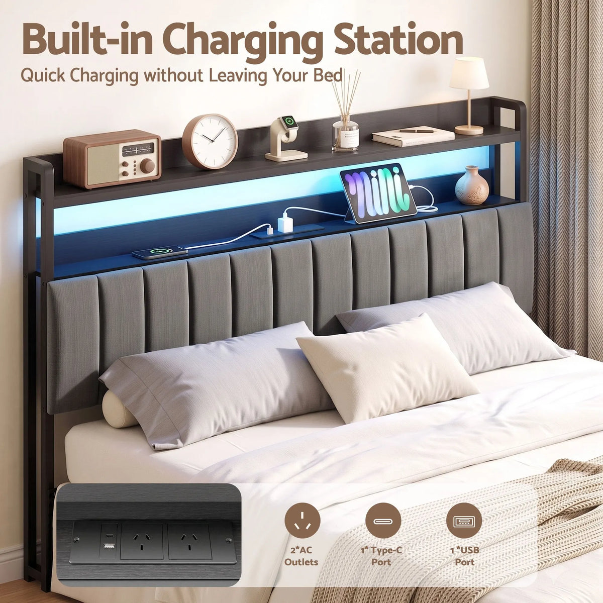 Artiss King Headboard Charging Station Storage LED Light Grey Upholstered - Image 6
