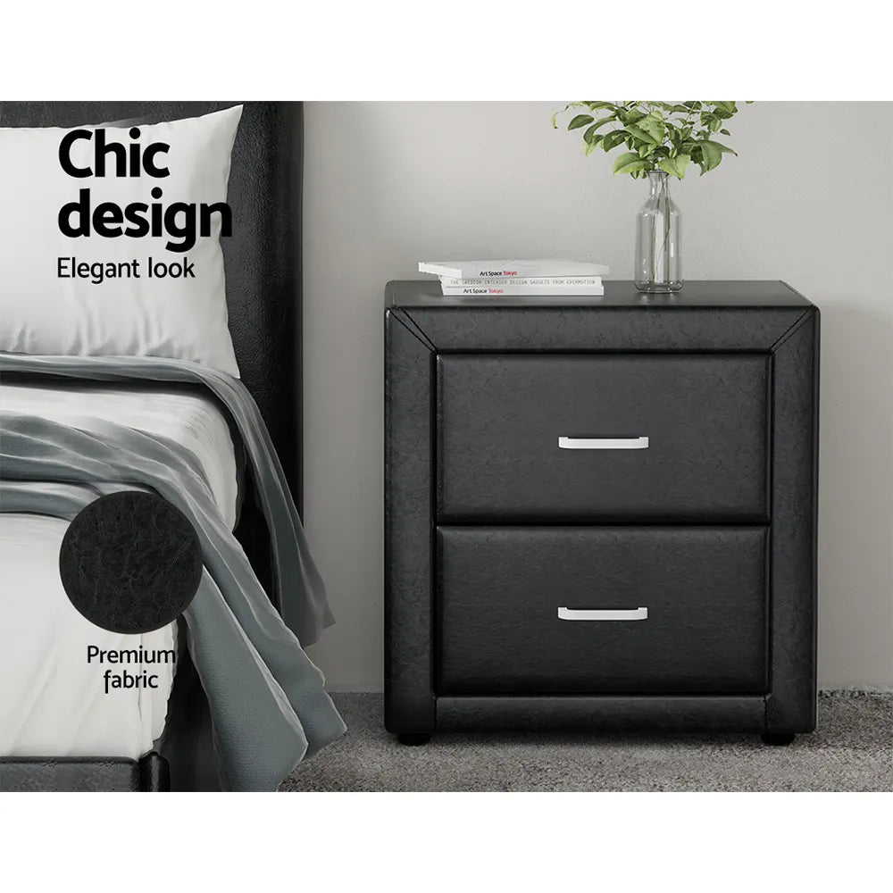 Artiss Bedside Table 2 Drawers Side Table Leather - CADEN Black - Image 4
