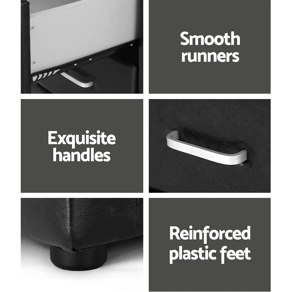 Artiss Bedside Table 2 Drawers Side Table Leather - CADEN Black - Image 6