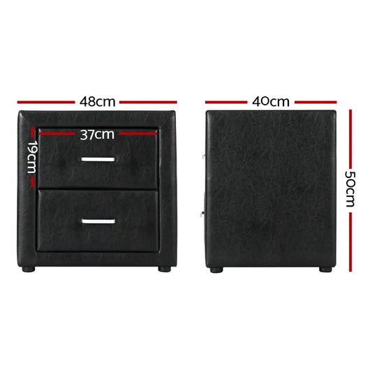 Artiss 2X Bedside Table 2 Drawers Side Table Leather - CADEN Black - Image 2