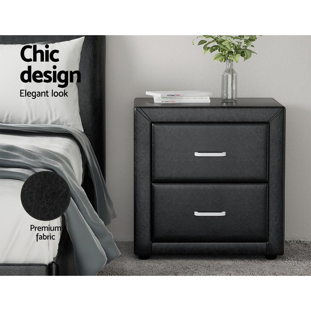 Artiss 2X Bedside Table 2 Drawers Side Table Leather - CADEN Black - Image 4