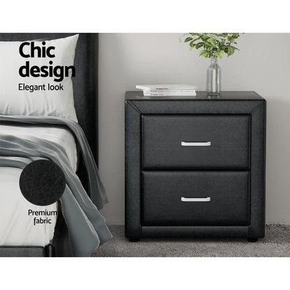 Artiss 2X Bedside Table 2 Drawers Side Table Leather - CADEN Black - Image 4