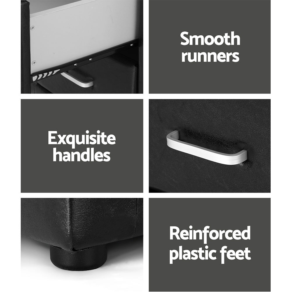 Artiss 2X Bedside Table 2 Drawers Side Table Leather - CADEN Black - Image 6