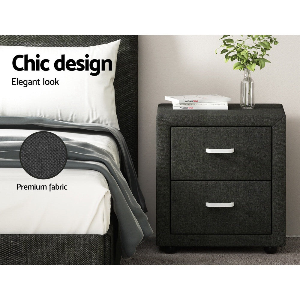 Artiss 2X Bedside Table 2 Drawers Fabric - CADEN Charcoal - Image 4
