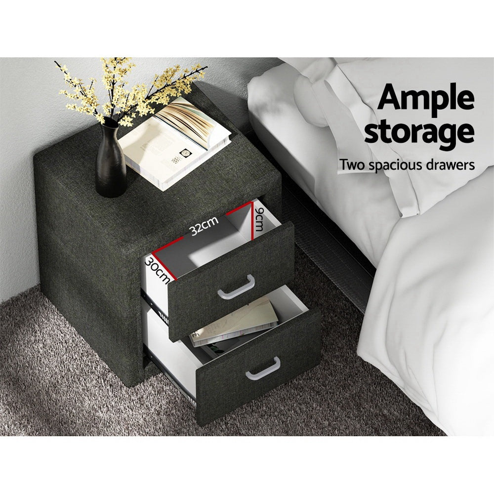 Artiss 2X Bedside Table 2 Drawers Fabric - CADEN Charcoal - Image 5
