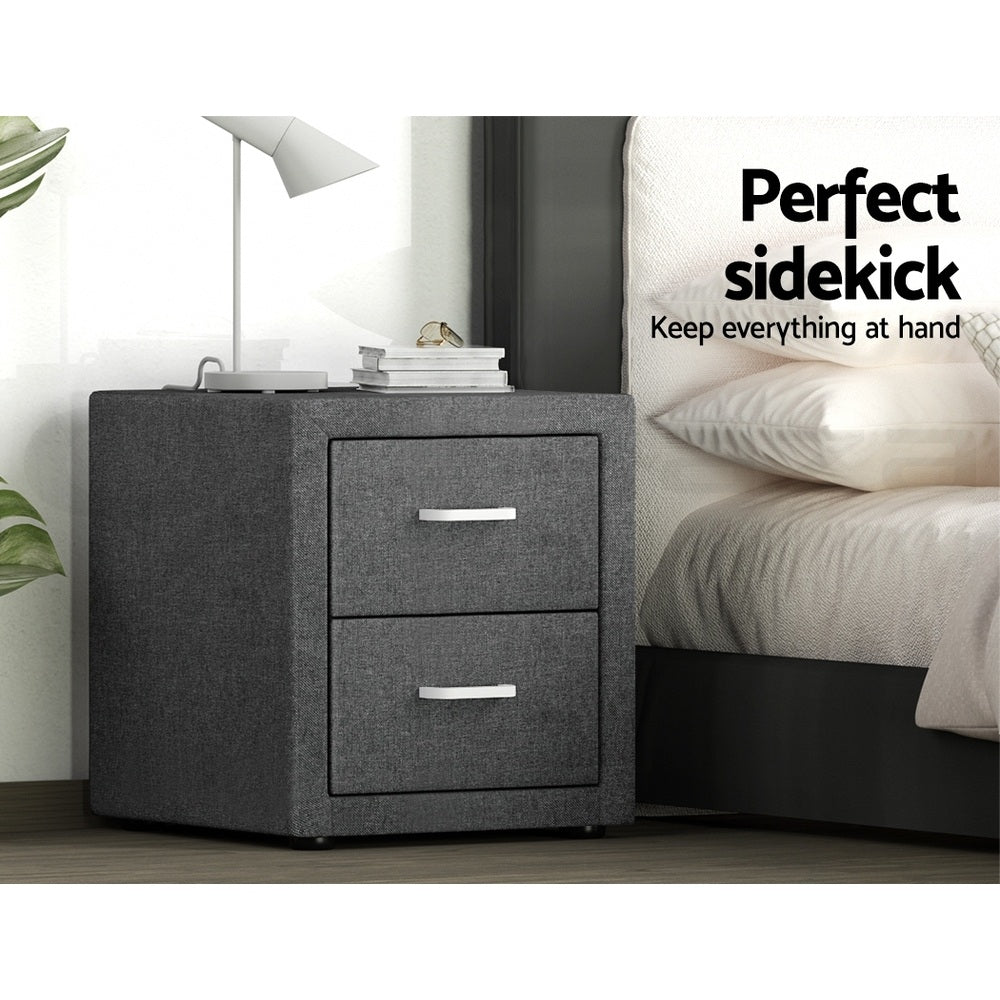 Artiss 2X Bedside Table 2 Drawers Side Table Fabric - CADEN Grey - Image 4