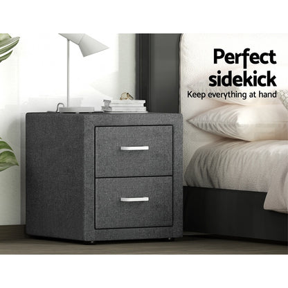 Artiss 2X Bedside Table 2 Drawers Side Table Fabric - CADEN Grey - Image 4