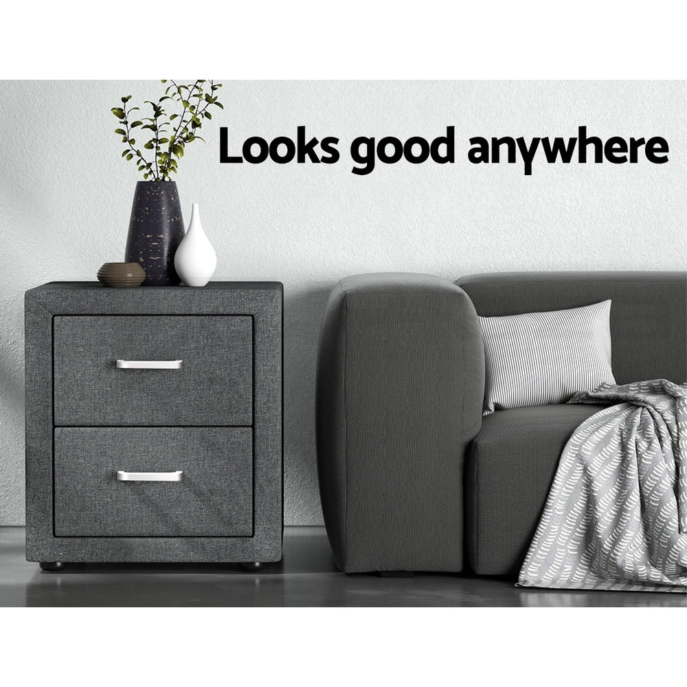 Artiss 2X Bedside Table 2 Drawers Side Table Fabric - CADEN Grey - Image 6