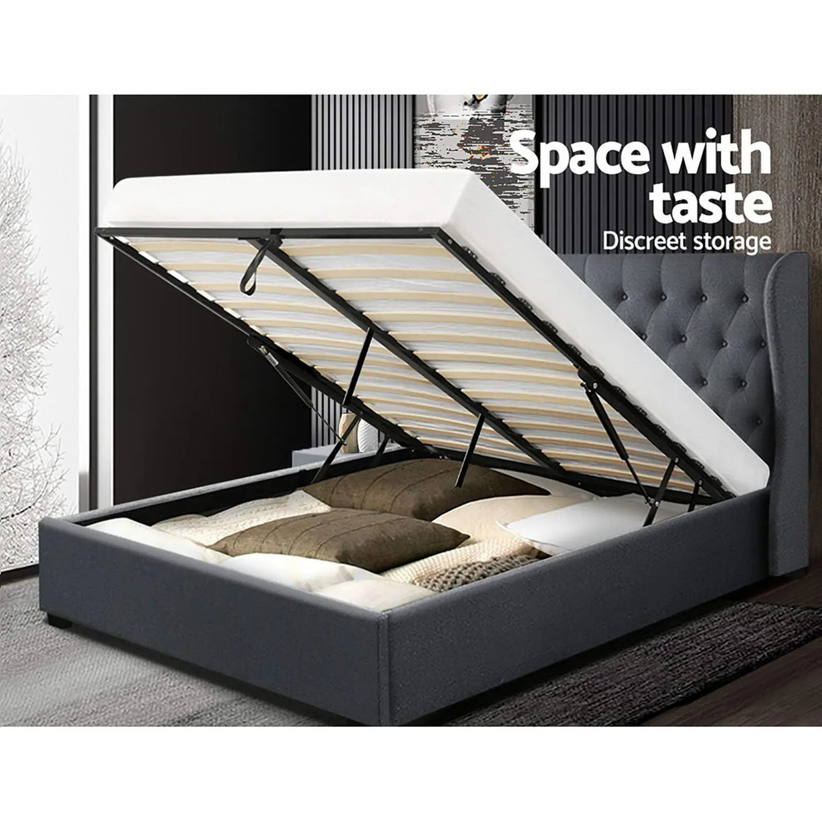 Artiss Bed Frame Queen Size Gas Lift Charcoal ISSA - Image 7