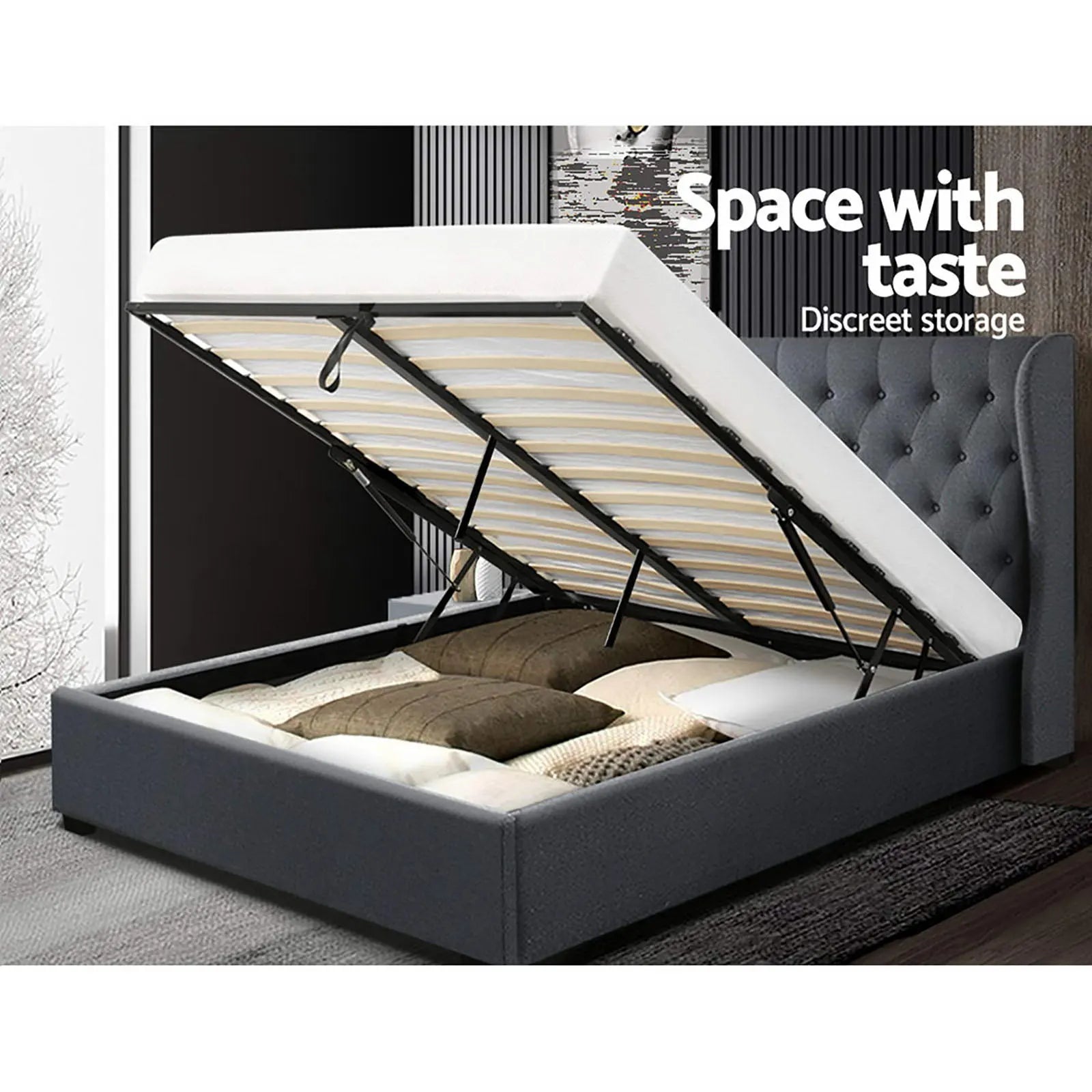 Artiss Bed Frame Queen Size Gas Lift Charcoal ISSA - Image 7