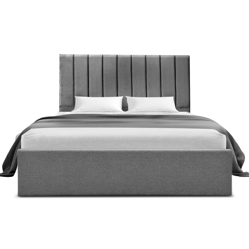 Artiss Double Bed Frame with Storage Grey Velvet Headboard Gas Lift Platform Base - Image 3
