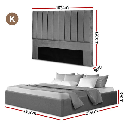 Artiss King Bed Frame with Storage Grey Velvet Headboard Gas Lift Platform Base - Image 2