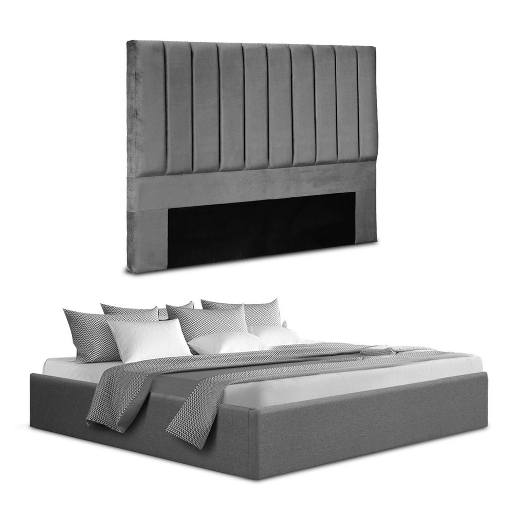 Artiss King Bed Frame with Storage Grey Velvet Headboard Gas Lift Platform Base - Image 7