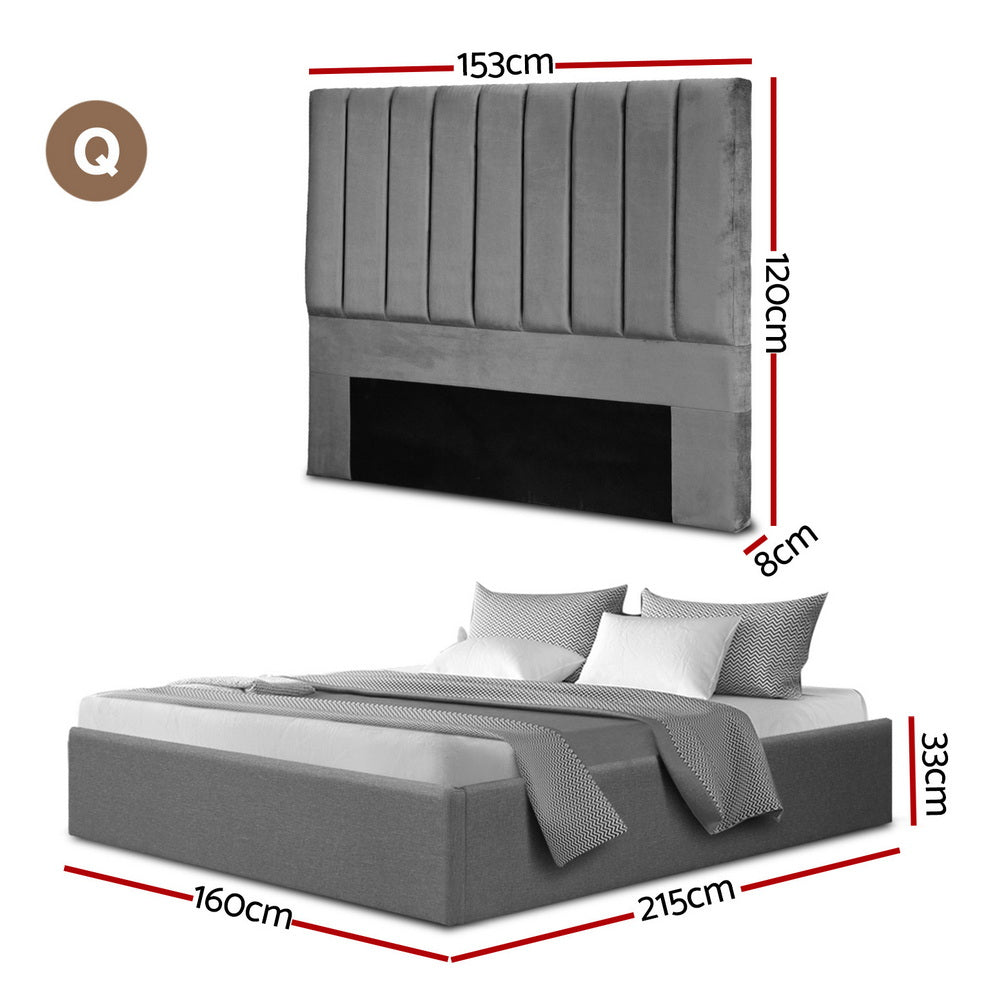 Artiss Queen Bed Frame with Storage Grey Velvet Headboard Gas Lift Platform Base - Image 2