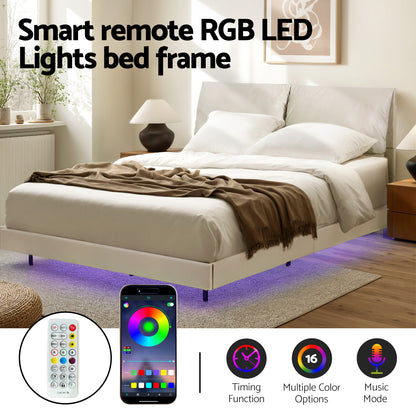 Artiss Double Bed Frame RGB LED Floating Beds Adjustable Headboard Beige White - Image 4