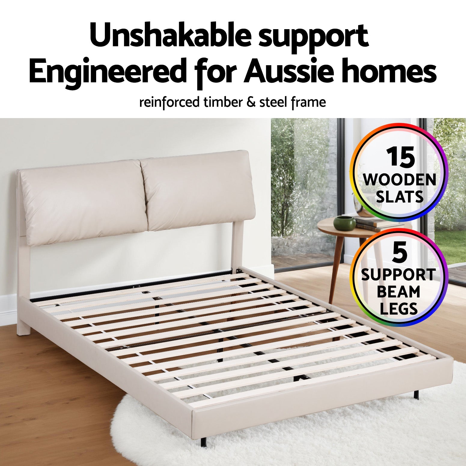 Artiss Double Bed Frame RGB LED Floating Beds Adjustable Headboard Beige White - Image 6