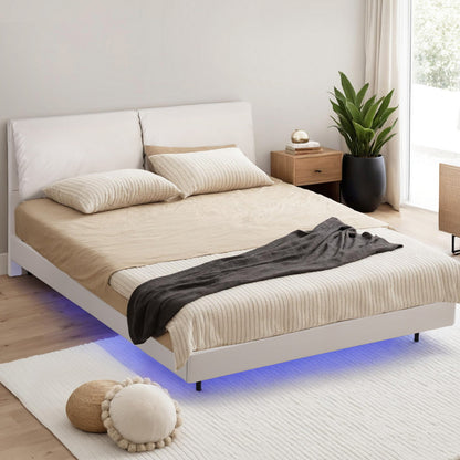 Artiss Double Bed Frame RGB LED Floating Beds Adjustable Headboard Beige White - Image 7