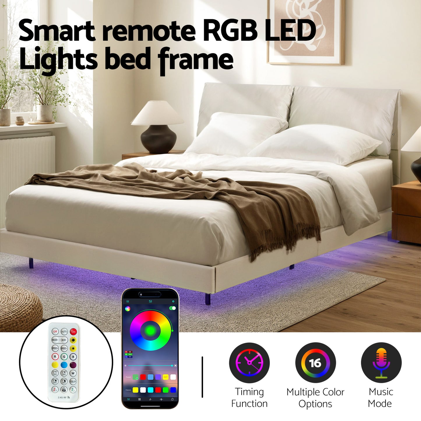 Artiss Queen Bed Frame RGB LED Floating Beds Adjustable Headboard Beige White - Image 4