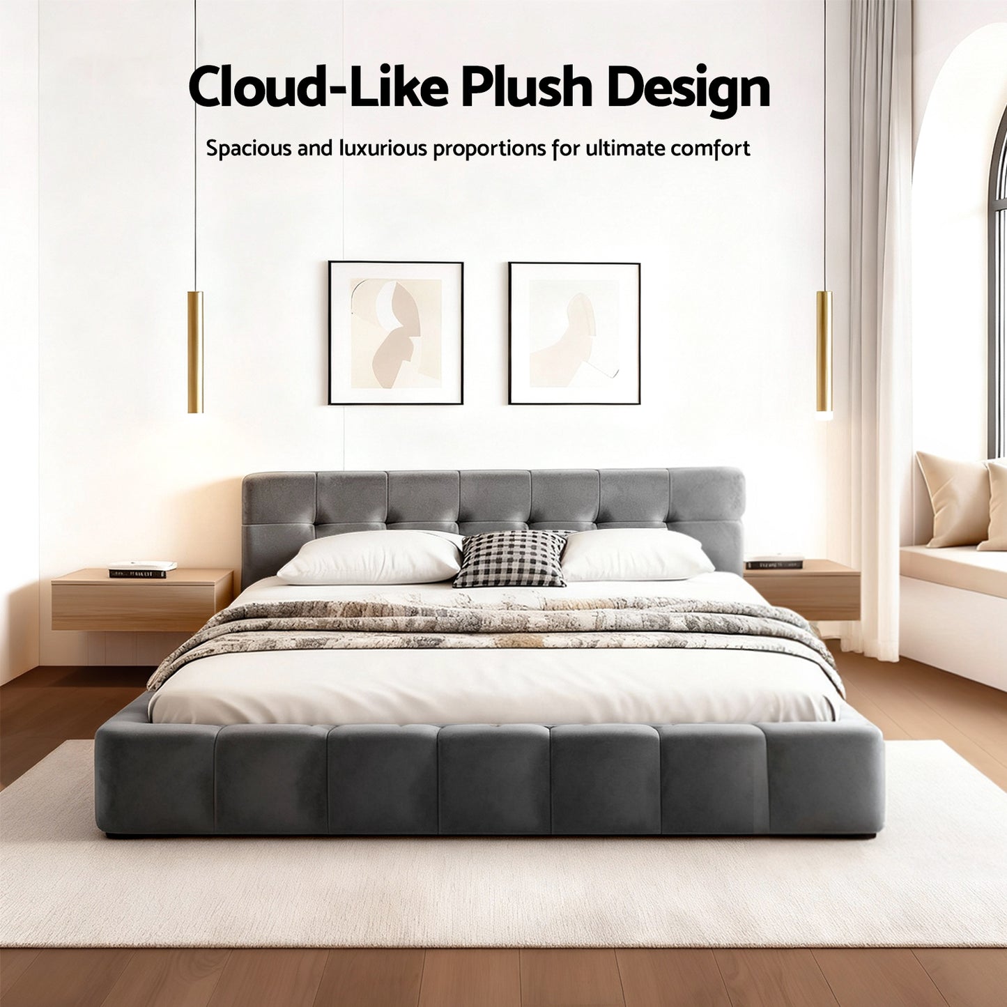 Artiss Double Size Bed Frame Plush Soft Headboard Velvet Platform Base for Modern Bedrooms Grey - Image 3