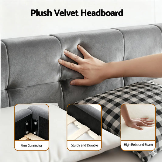 Artiss Double Size Bed Frame Plush Soft Headboard Velvet Platform Base for Modern Bedrooms Grey - Image 4