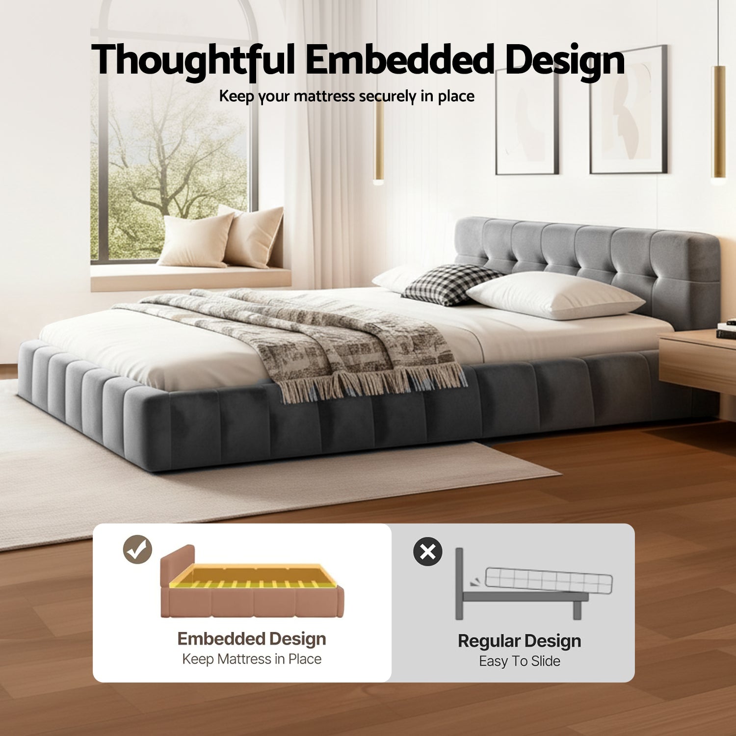 Artiss Double Size Bed Frame Plush Soft Headboard Velvet Platform Base for Modern Bedrooms Grey - Image 5