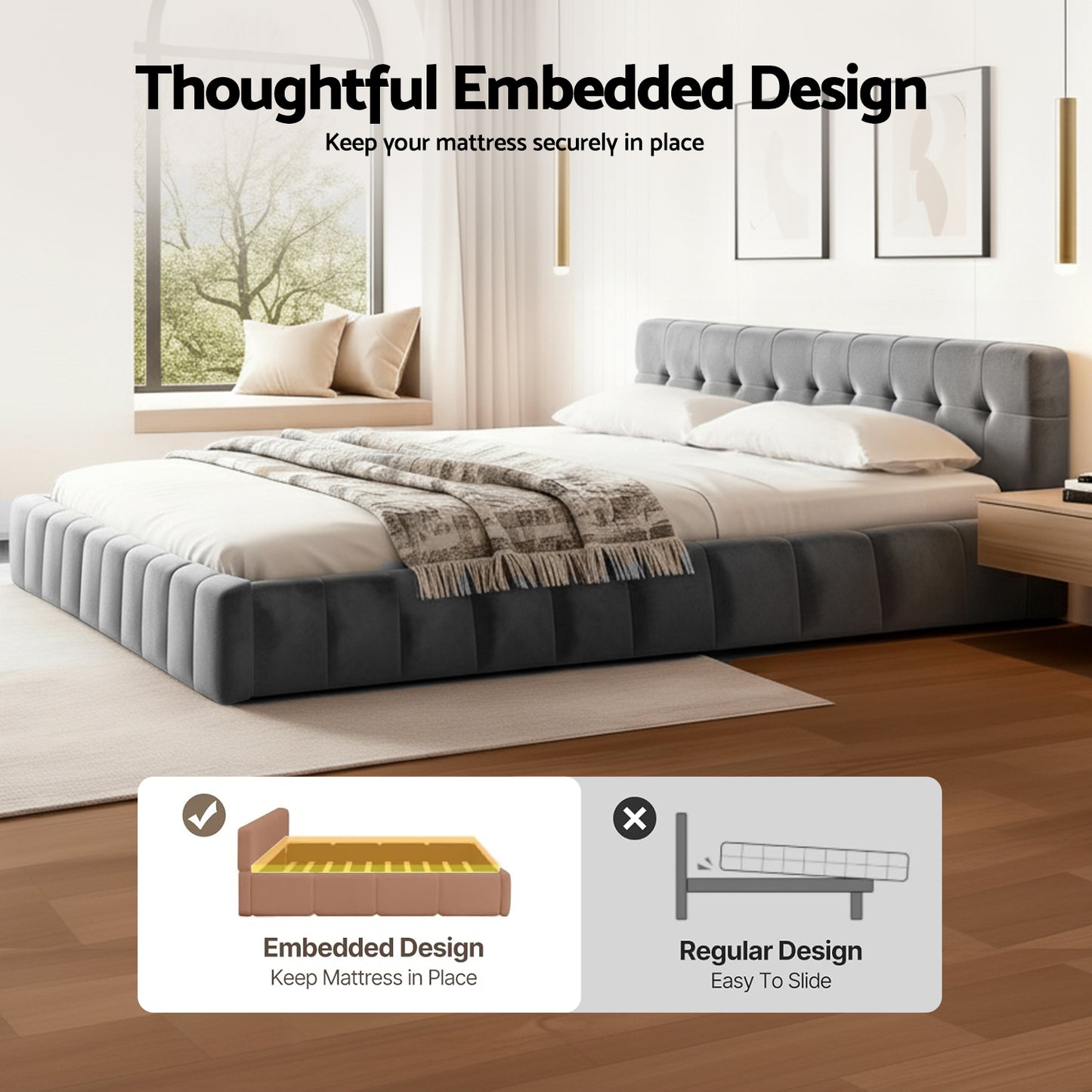 Artiss King Size Bed Frame Plush Soft Headboard Velvet Platform Base for Modern Bedrooms Grey - Image 5
