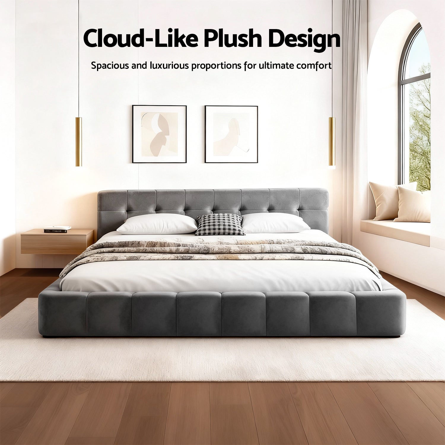 Artiss Queen Size Bed Frame Plush Soft Headboard Velvet Platform Base for Modern Bedrooms Grey - Image 3