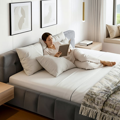 Artiss Queen Size Bed Frame Plush Soft Headboard Velvet Platform Base for Modern Bedrooms Grey - Image 4
