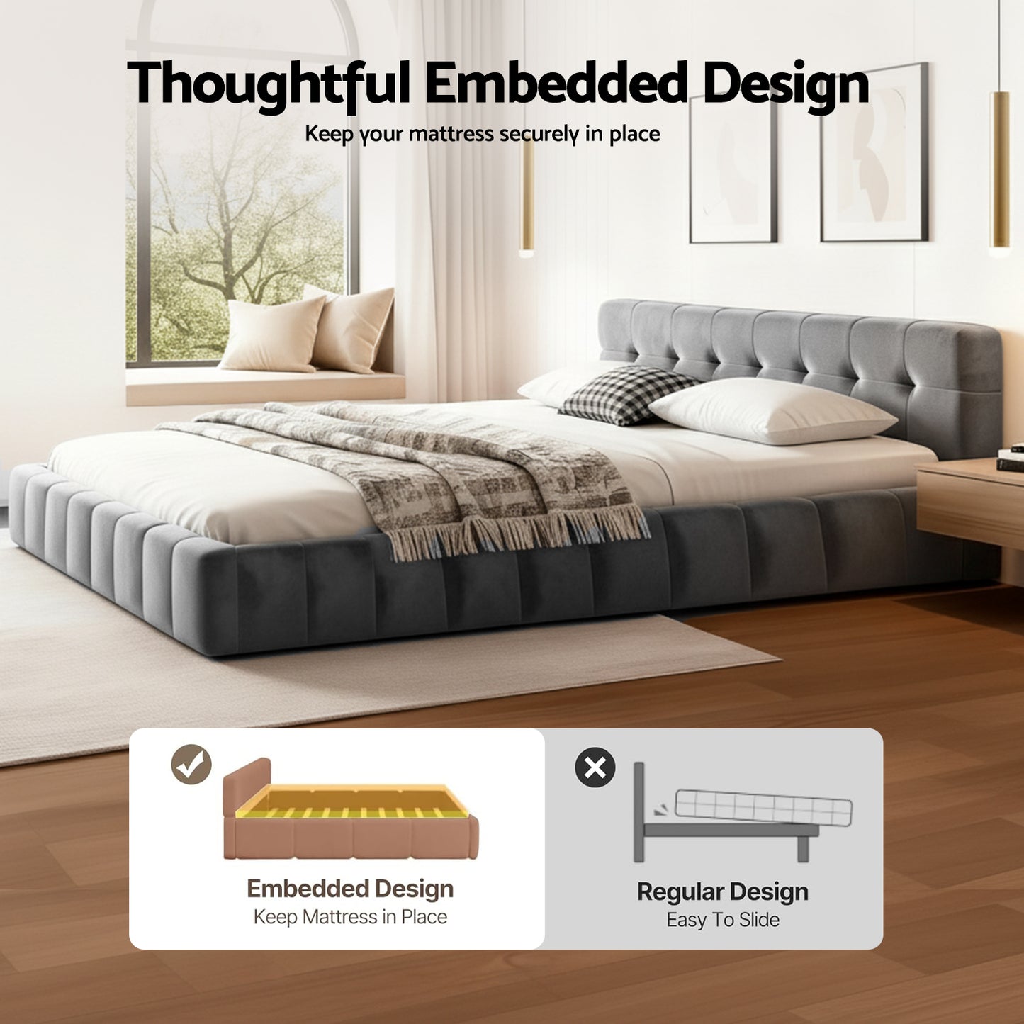 Artiss Queen Size Bed Frame Plush Soft Headboard Velvet Platform Base for Modern Bedrooms Grey - Image 6