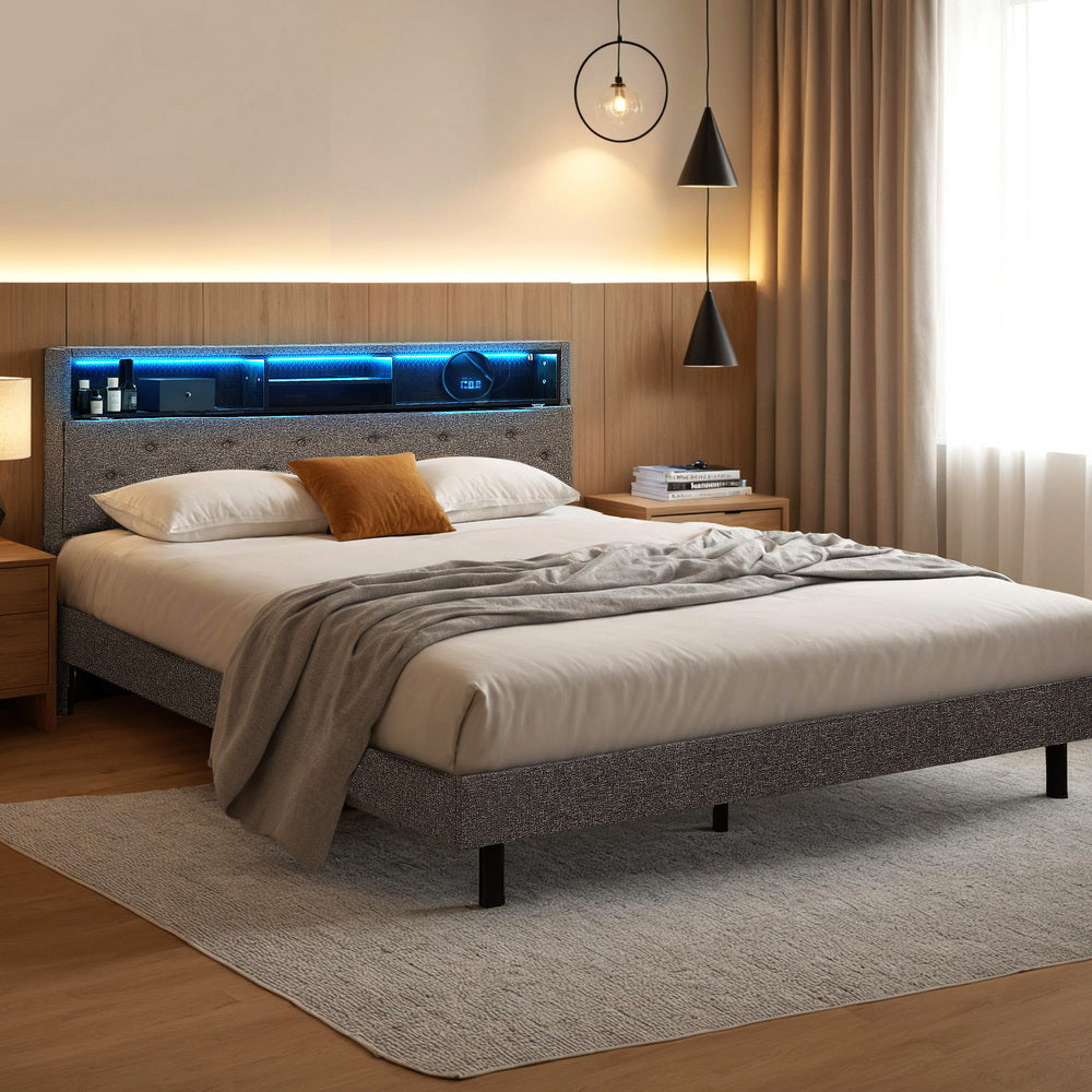 Artiss Bed Frame Double Size LED Mattress Base Platform with Storage Shelf Hidden Storage Box Grey - Image 7