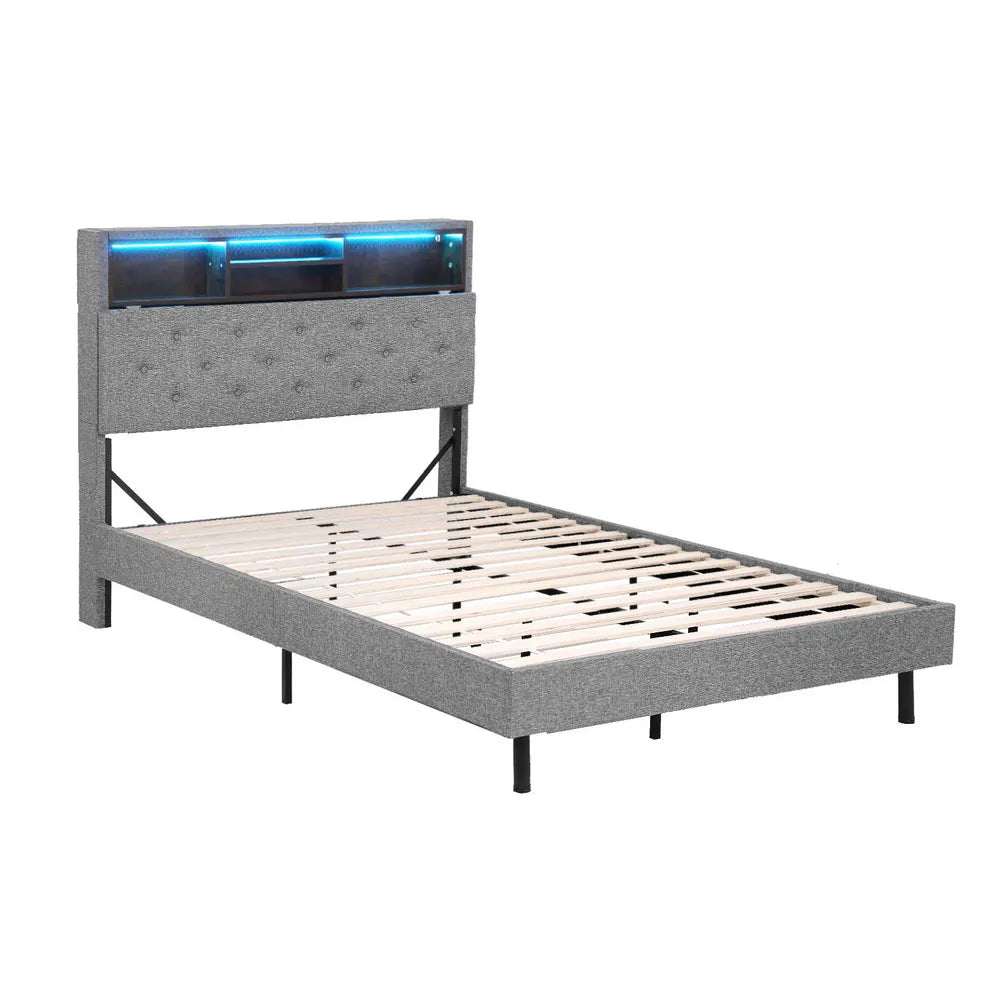 Artiss Bed Frame King Single Size LED Mattress Base Platform with Storage Shelf Hidden Storage Box Grey