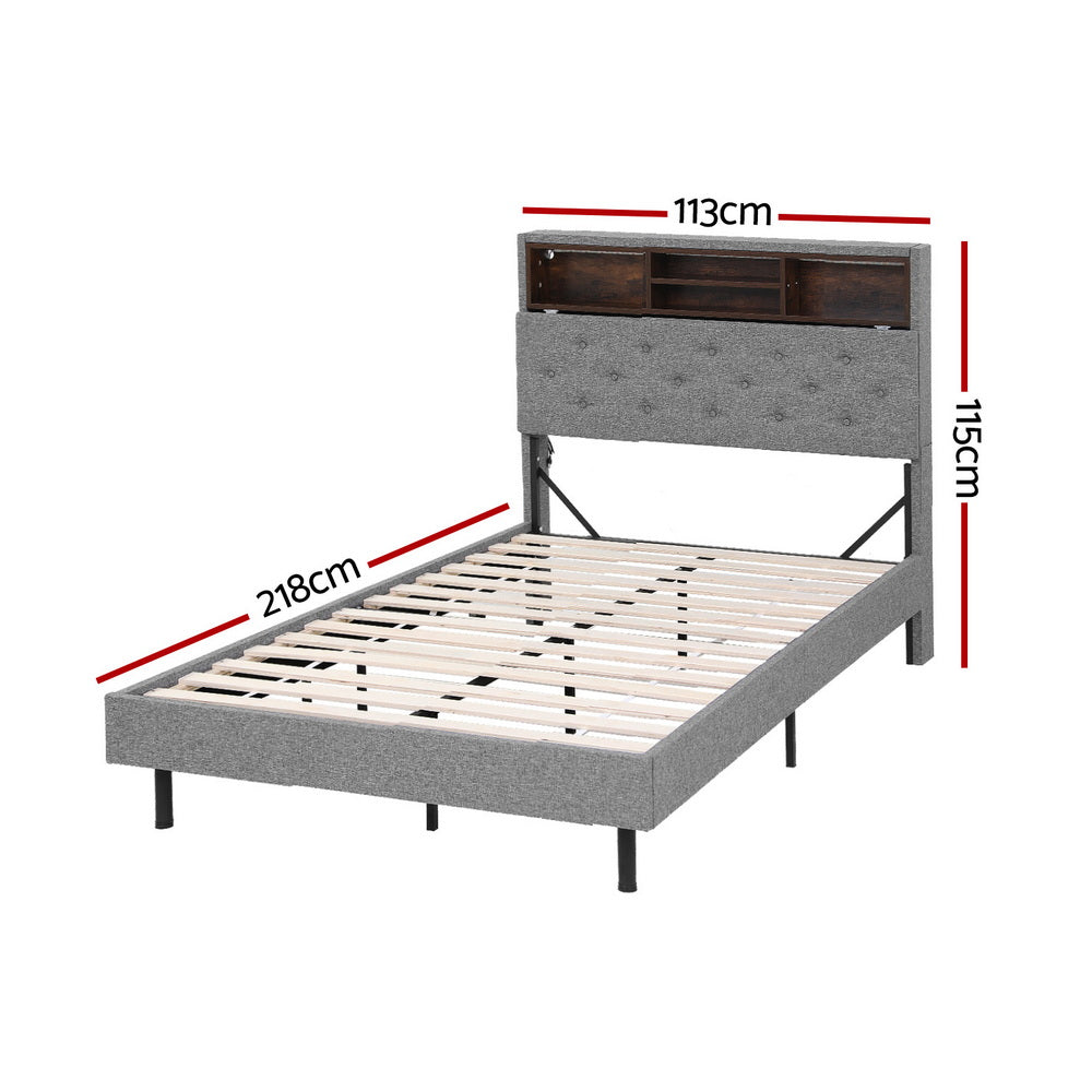 Artiss Bed Frame King Single Size LED Mattress Base Platform with Storage Shelf Hidden Storage Box Grey - Image 2