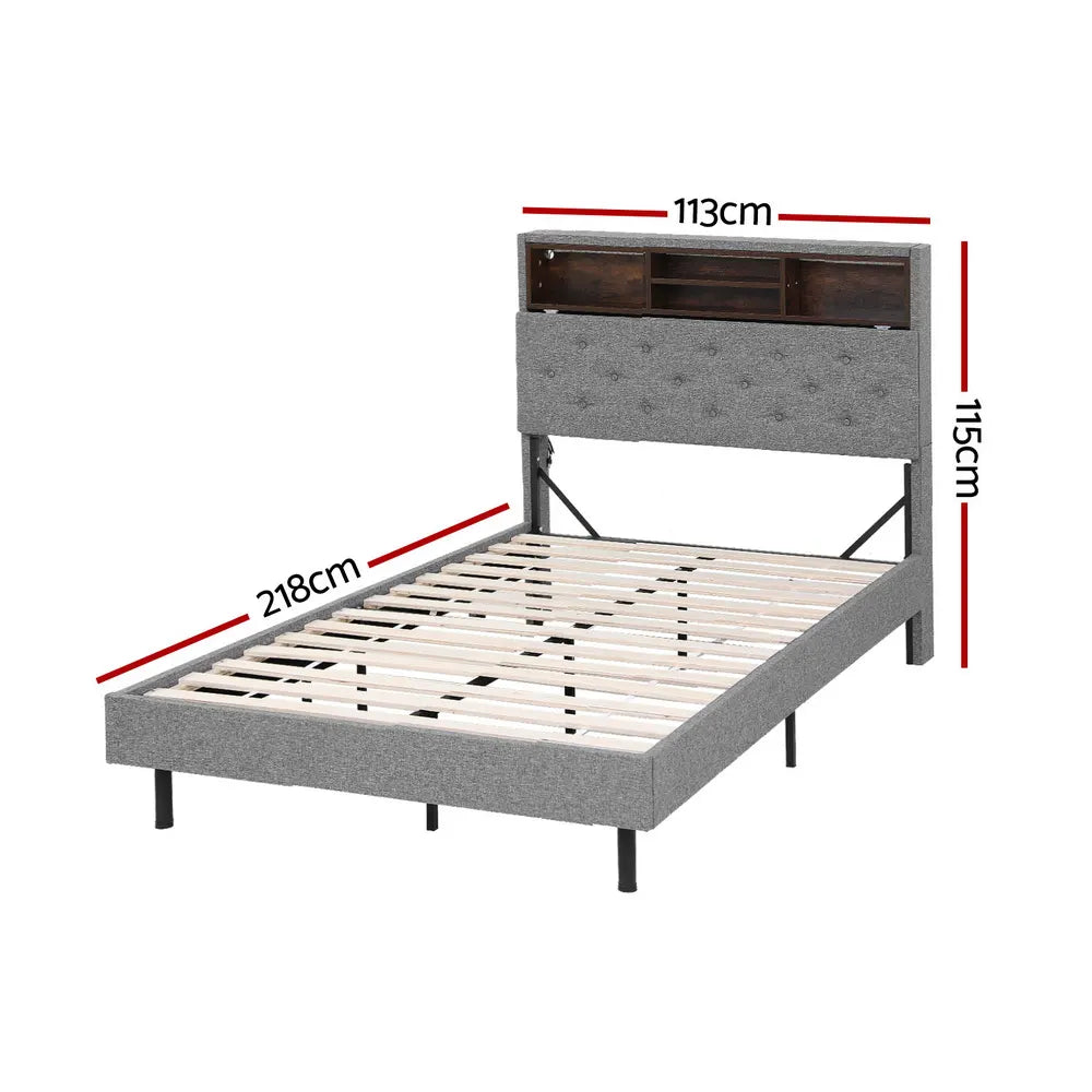 Artiss Bed Frame King Single Size LED Mattress Base Platform with Storage Shelf Hidden Storage Box Grey - Image 2