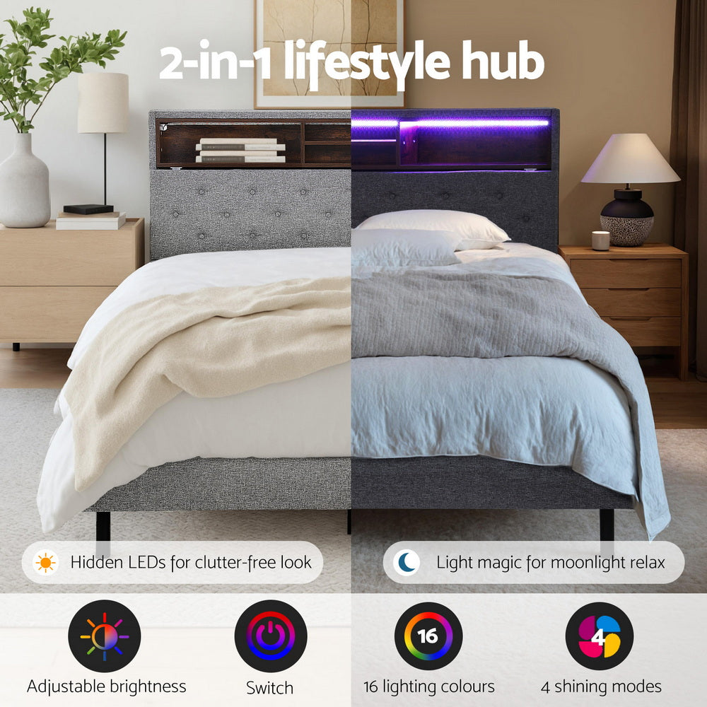 Artiss Bed Frame King Single Size LED Mattress Base Platform with Storage Shelf Hidden Storage Box Grey - Image 4