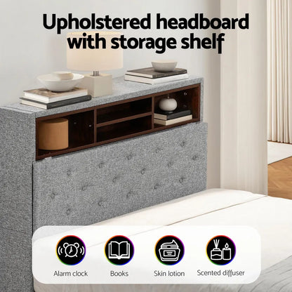 Artiss Bed Frame King Single Size LED Mattress Base Platform with Storage Shelf Hidden Storage Box Grey - Image 5