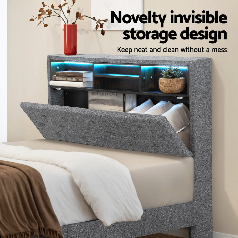 Artiss Bed Frame King Single Size LED Mattress Base Platform with Storage Shelf Hidden Storage Box Grey - Image 6