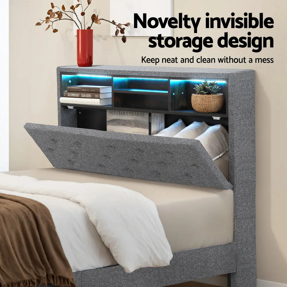 Artiss Bed Frame King Single Size LED Mattress Base Platform with Storage Shelf Hidden Storage Box Grey - Image 6