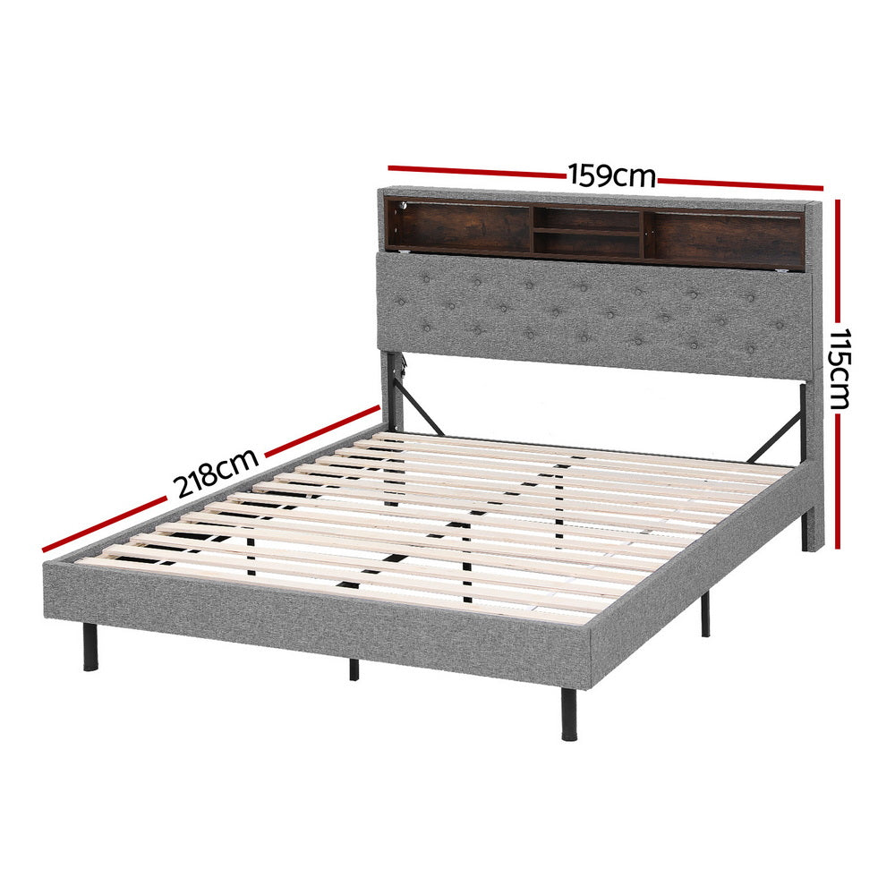 Artiss Bed Frame Queen Size LED Mattress Base Platform with Storage Shelf Hidden Storage Box Grey - Image 2