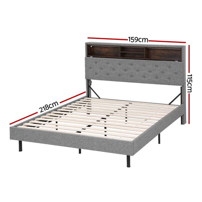 Artiss Bed Frame Queen Size LED Mattress Base Platform with Storage Shelf Hidden Storage Box Grey - Image 2