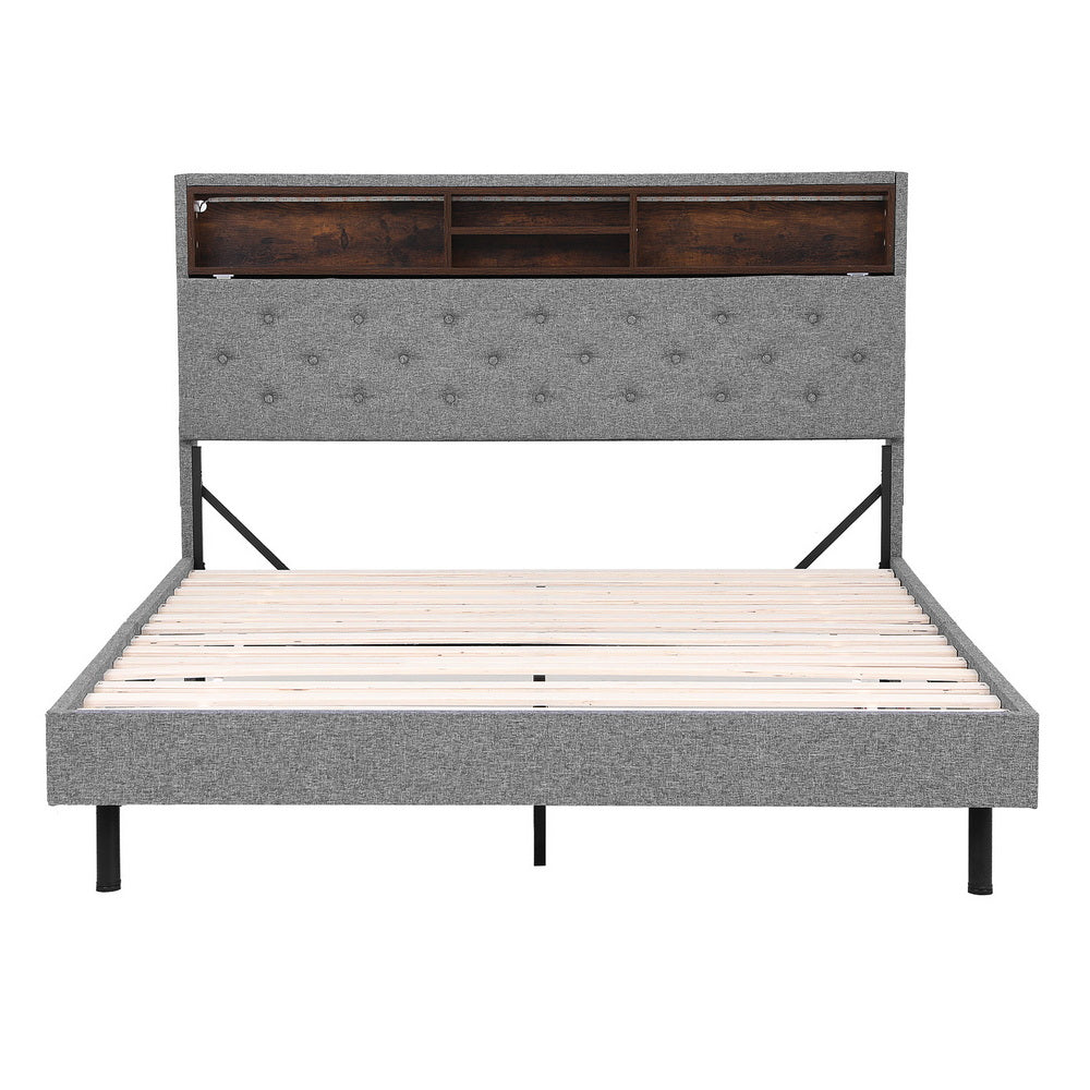 Artiss Bed Frame Queen Size LED Mattress Base Platform with Storage Shelf Hidden Storage Box Grey - Image 3