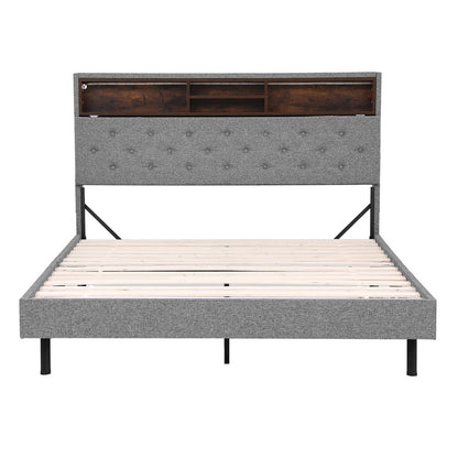 Artiss Bed Frame Queen Size LED Mattress Base Platform with Storage Shelf Hidden Storage Box Grey - Image 3