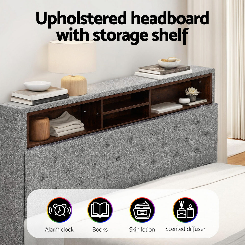 Artiss Bed Frame Queen Size LED Mattress Base Platform with Storage Shelf Hidden Storage Box Grey - Image 5