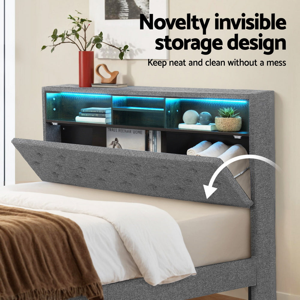 Artiss Bed Frame Queen Size LED Mattress Base Platform with Storage Shelf Hidden Storage Box Grey - Image 6
