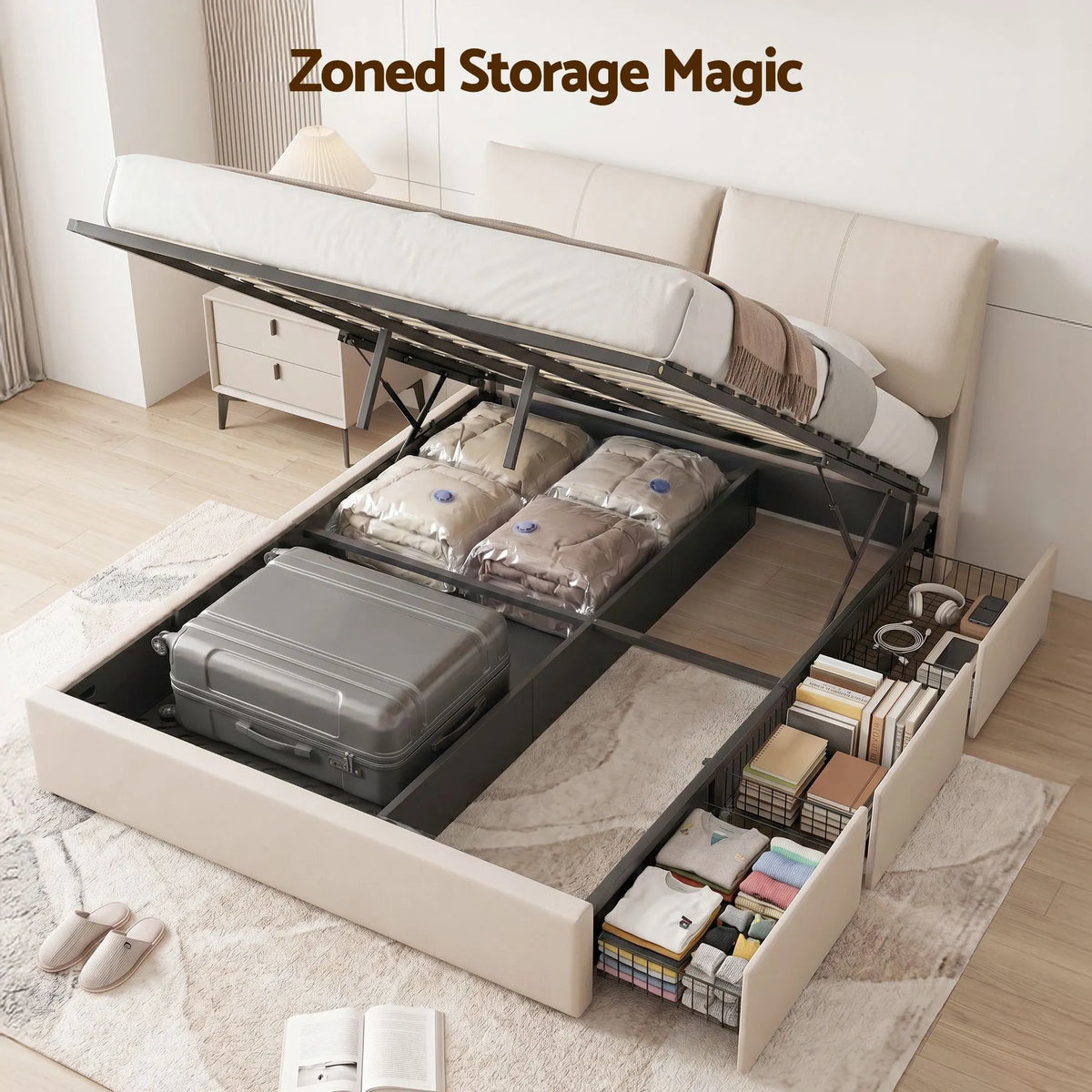 Artiss Queen Bed Frame Gas Lift Storage 3 Drawers Adjustable Headboard Platform Base - Image 4